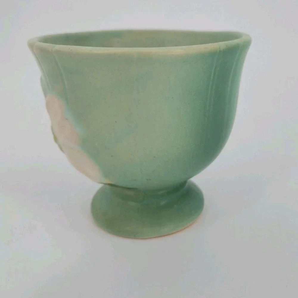 Vintage Weller Pottery Dogwood Flower Aqua Green Footed Vase Planter 4 In. Deco